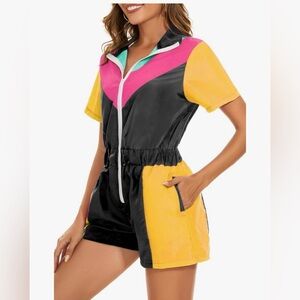 Color Block One Piece Jumpsuit for Women Neon Short Sleeve Zip Front Elastic S